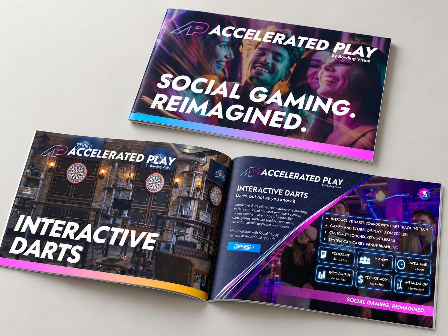 Accelerated Play landscape brochure mockup with the cover and an open interactive darts spread