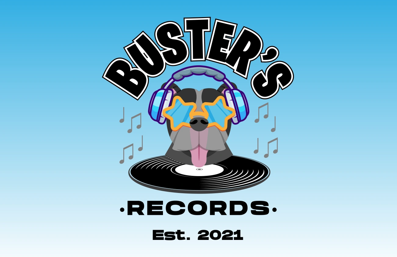 Buster’s Records original brand identity on business-card artwork