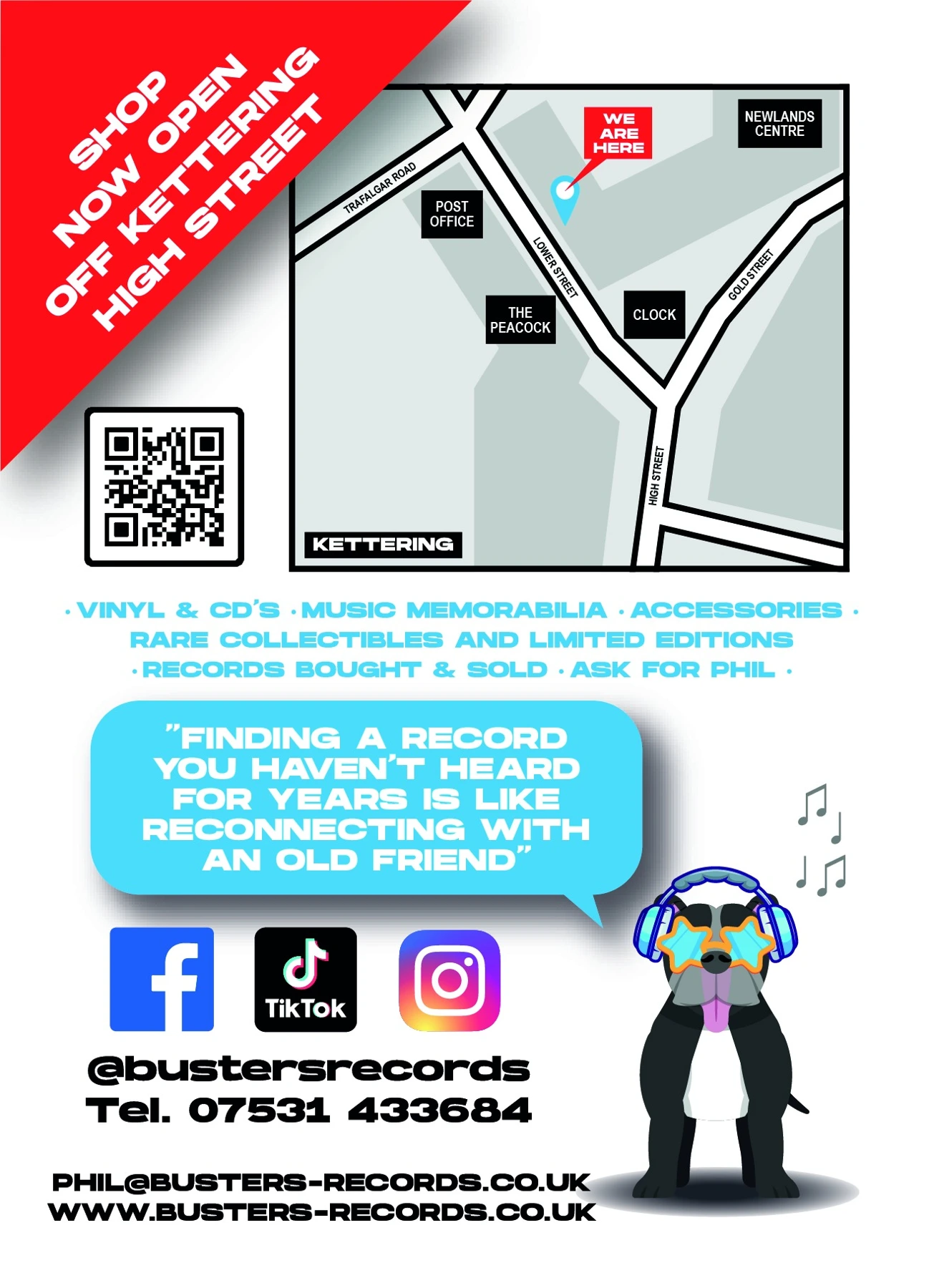 Buster’s Records promotional flyer — location and contact details